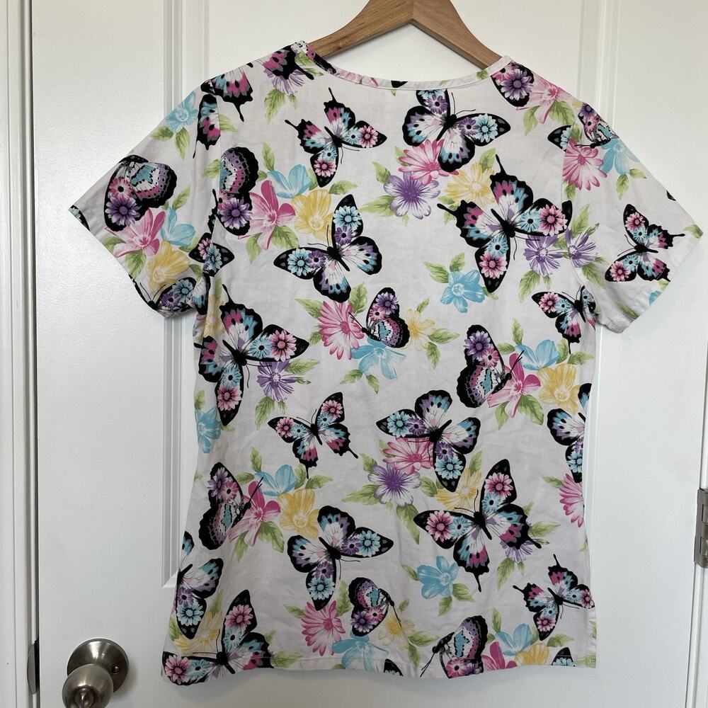 SB Scrubs Women's Butterfly Print Colorful Short Sleeve V Neck Scrub Top Size S - Picture 2 of 8